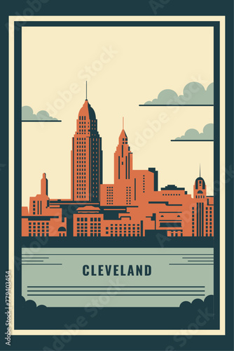 USA Cleveland retro city infographic poster with abstract shapes of skyline, buildings. Vintage US Ohio state travel webpage layout concept, vector illustration