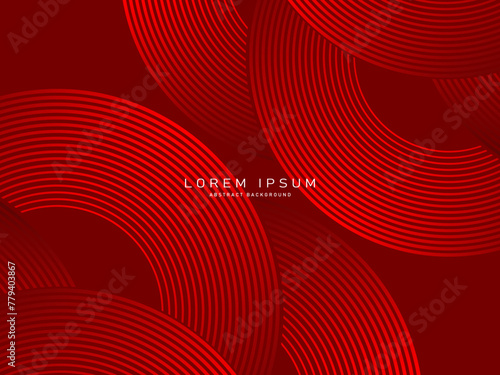 Abstract red glowing geometric lines on dark red background. Modern shiny red circle lines pattern. Futuristic technology concept, perfect for covers, posters, banners, brochures, websites, etc.