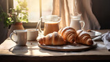 Cozy Morning Coffee and Croissants, Sunlit Breakfast Table