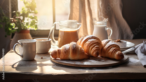 Cozy Morning Coffee and Croissants, Sunlit Breakfast Table