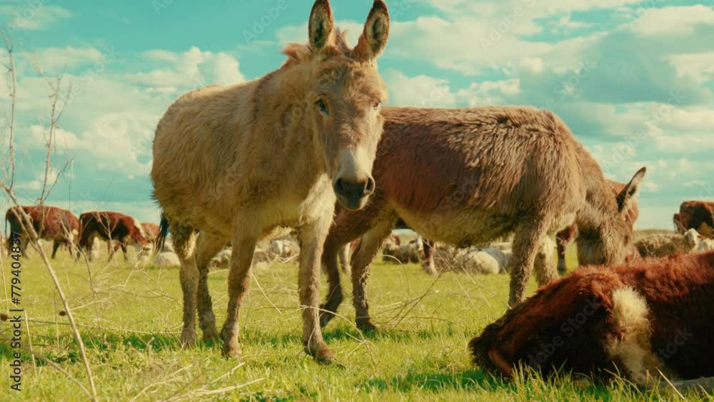 This image captures the serene beauty of a sunlit pasture where donkeys graze peacefully, creating a picturesque scene of rural life. This image captures the serene beauty of a sunlit pasture where donkeys graze peacefully, creating a picturesque scene of rural life.