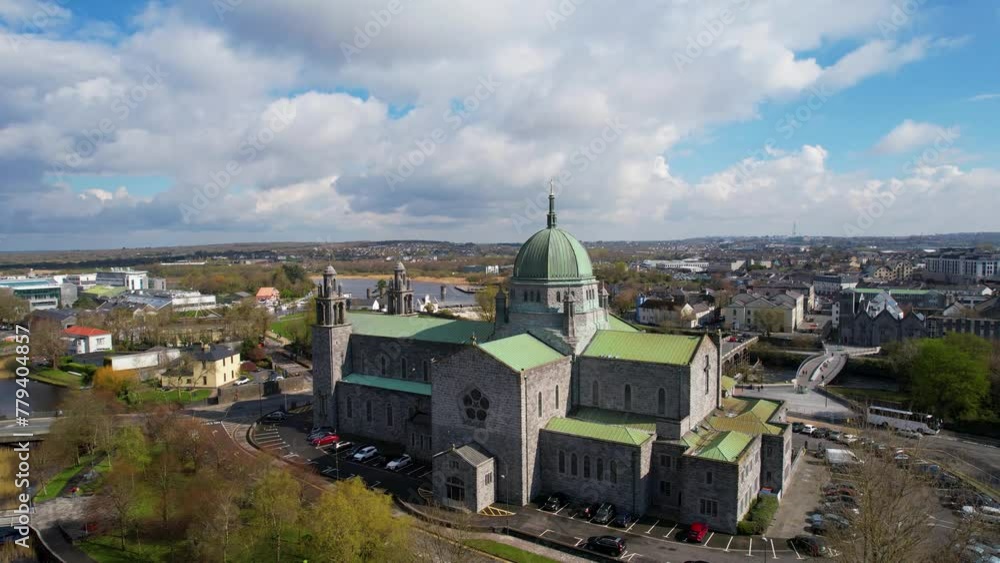Drone shot of sun hitting Galway Cathedral in Ireland. Drone shot of sun hitting Galway Cathedral in Ireland.