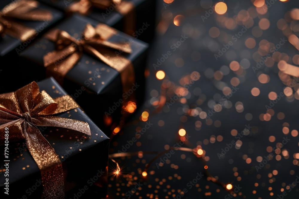 gift boxes with golden ribbon bow on blurred black background with orange lights New year birthday Christmas holidays celebration for card poster cover background gift boxes with golden ribbon bow on blurred black background with orange lights New year birthday Christmas holidays celebration for card poster cover background