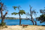scenic landscape of Lake Cachuma and surrounding mountains in California with a bench inviting to sit down