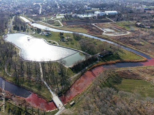 Drone aerial view of the Old Lake, Staro Jezero: serbian, Kikinda city, Serbia, Europe.