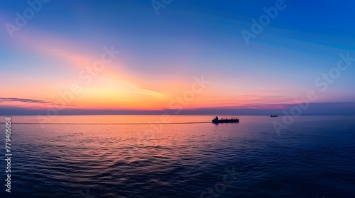 A vast expanse of ocean under the twilight sky  with distant ships sailing on it. This wide-angle photograph highlights the beauty of nature s tranquility  commercial activity at dusk. For Design  PPT