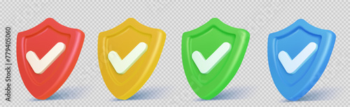 3d shield icon with safety check badge vector. Secure tick mark for quality guard guarantee. Isolated protect checkmark for medical business or antivirus warranty emblem design. Health defense sign