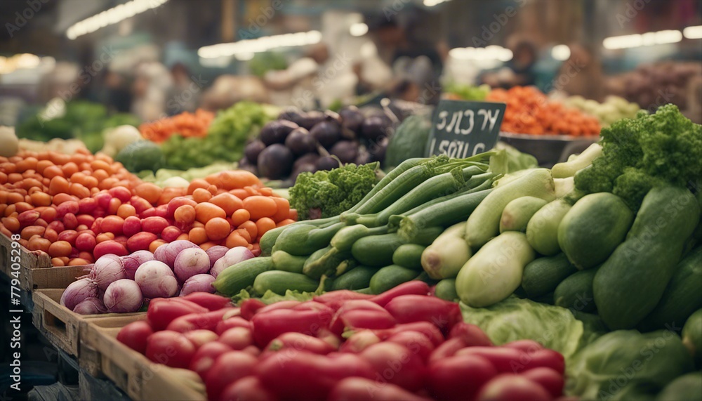 A bustling vegetable market bursts with colorful produce: radishes, avocados, garlic, carrots, cucumbers, green beans, lettuce, tomatoes, peppers, broccoli, eggplants, onions, potatoes.