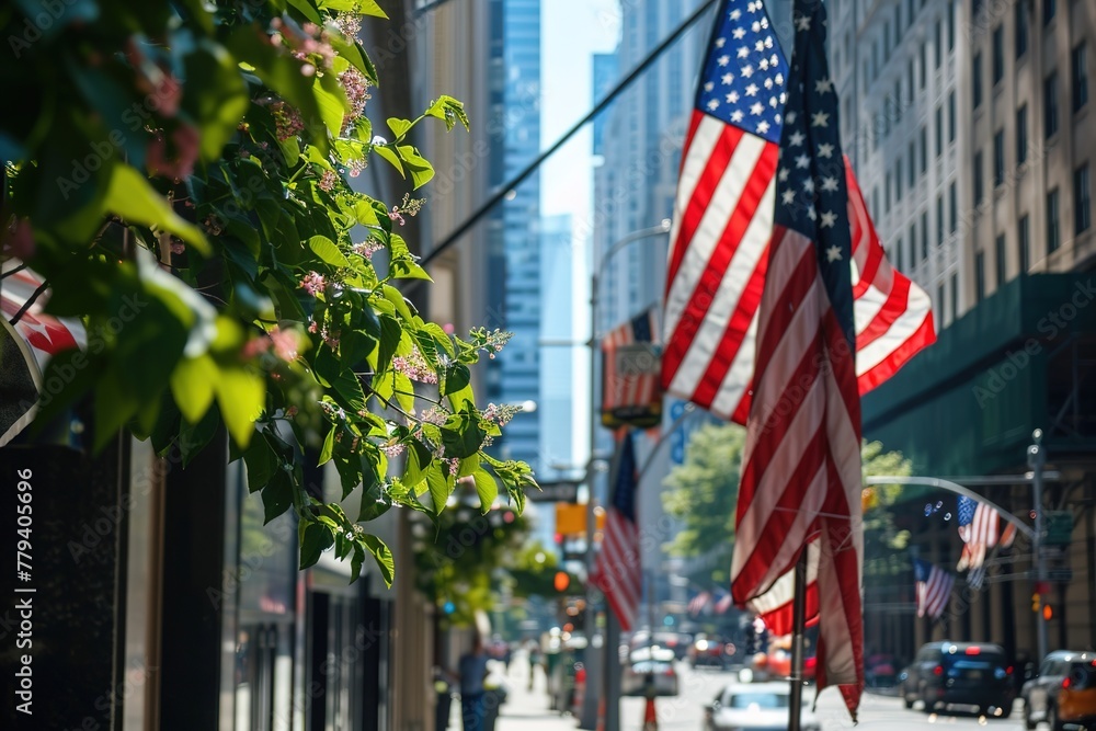 American flags line a bustling city street, juxtaposed with lush greenery.
