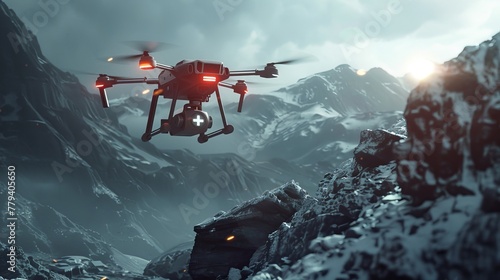 Emergency medical drone flying over challenging terrain, quickly moving to deliver life-saving aid to a patient, showcasing its rescue capabilities