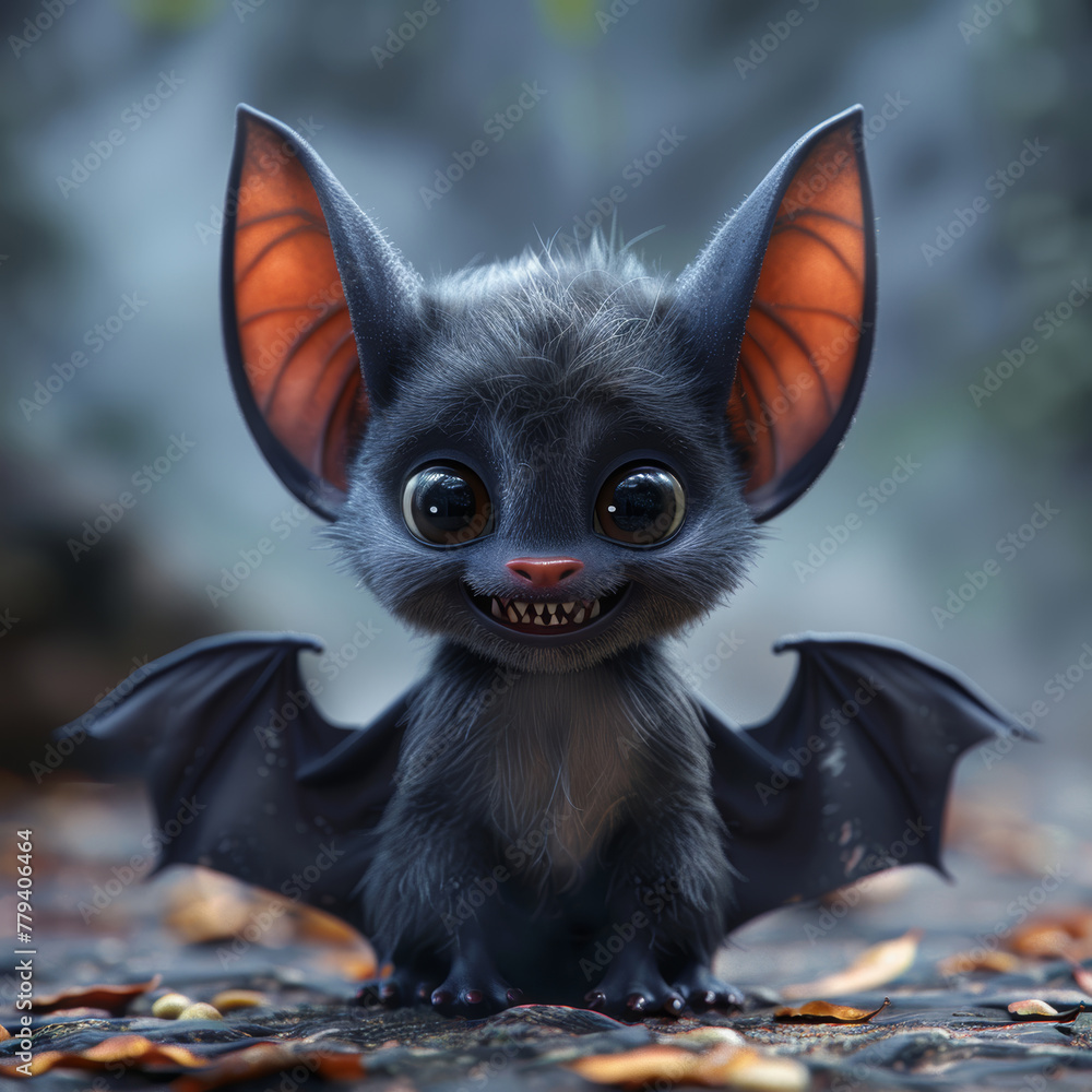 A cute cartoon baby bat with a big smile on its face. 3d render style, children cartoon animation style