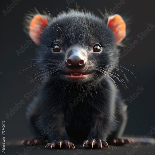 A Tcute cartoon baby Tasmanian devil with a black nose and black fur. 3d render style, children cartoon animation style photo