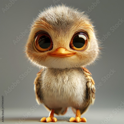A cute cartoon baby buzzard with big eyes and a smile. The bird is standing on a grey background. 3d render style, children cartoon animation style