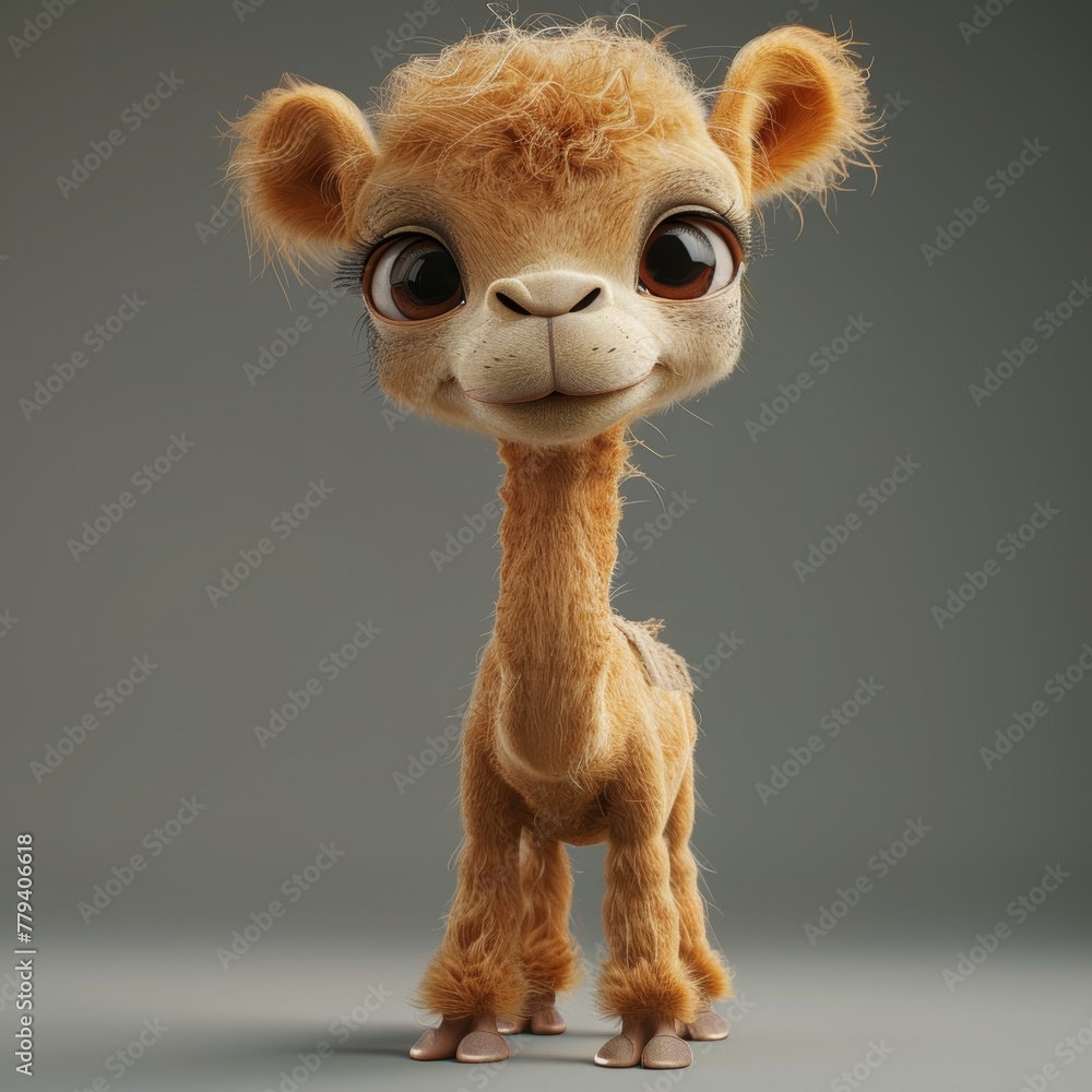 Fototapeta premium A cute cartoon baby camel with a big smile on its face. The camel is standing in front of a grey background. 3d render style, children cartoon animation style