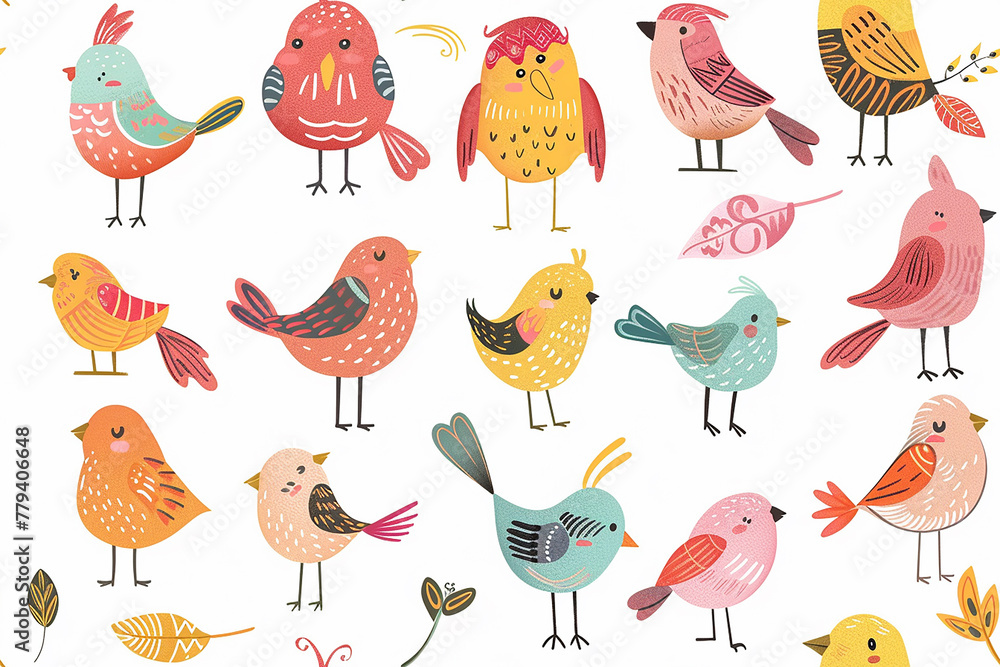 Colorful stylized birds in various poses on a light background Colorful stylized birds in various poses on a light background