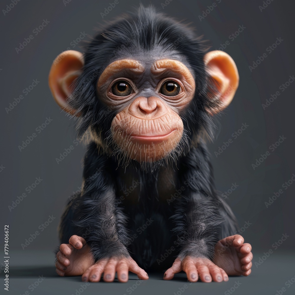 A cute baby chimpanzee with big ears and a big smile. 3d render style, children cartoon animation style A cute baby chimpanzee with big ears and a big smile. 3d render style, children cartoon animation style