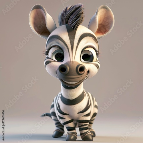 A cute cartoon baby zebra with a big smile on its face. The zebra is looking at the camera and he is happy. 3d render style  children cartoon animation style