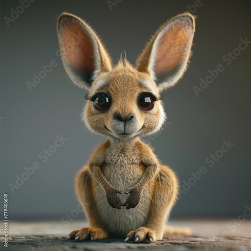 A cute cartoon baby kangaroo with big eyes and a cute smile. The kangaroo is sitting on a table and looking at the camera. 3d render style, children cartoon animation style