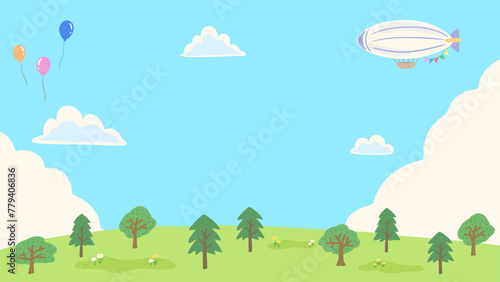 Refreshing landscape background frame with flying airships and balloons, simple hand drawn illustration / 飛行船と風船が飛ぶ、さわやかな風景の背景フレーム、シンプルな手描きのイラスト