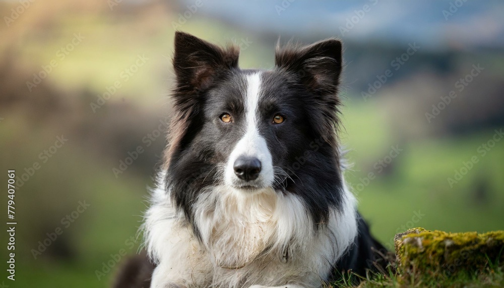 A close shot of a black and white border collie, working dog