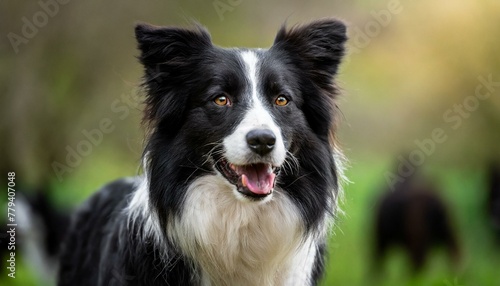 A close shot of a black and white border collie, working dog