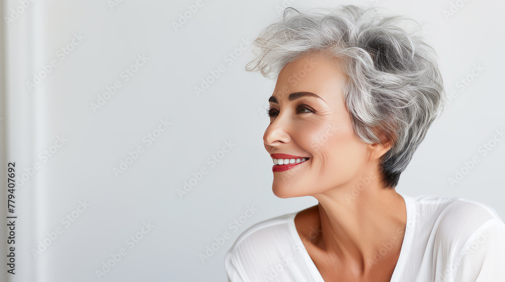 Elegant, smiling elderly, chic Latino, Spain woman with gray hair and perfect skin, white background, banner.