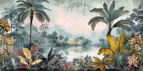 Wallpaper Mural wallpaper jungle and leaves tropical forest birds old drawing vintage - generative ai	 Torontodigital.ca