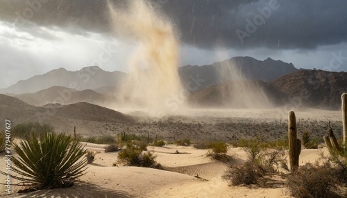 A landscape of a sandstorm in the dessert, with mountains and plants