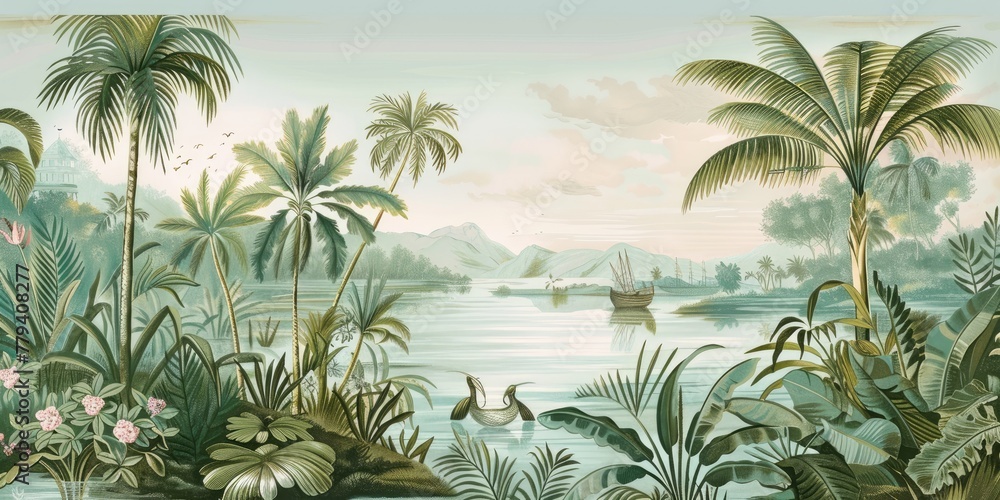 Fototapeta wallpaper jungle and leaves tropical forest birds old drawing vintage - generative ai	