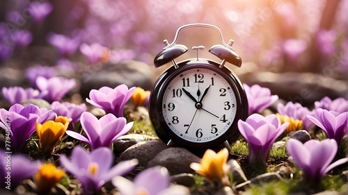 Spring forward, idea of an alarm clock amongst blossoming crocuses. Daylight saving time, the arrival of spring blossoms, and the shift in time. Daylight savings time, forfeit an