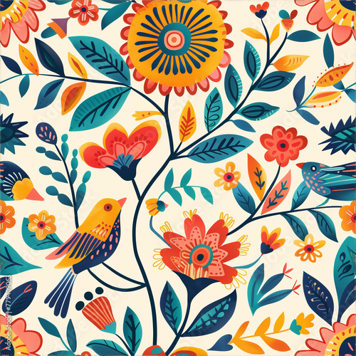 Seamless pattern with birds and floral elements