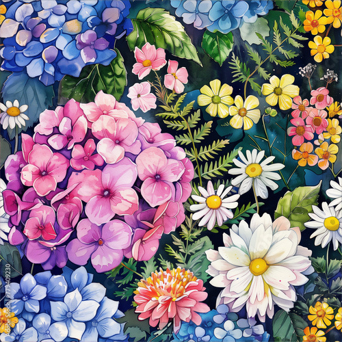 Colorful hydrangeas and wildflowers seamless pattern