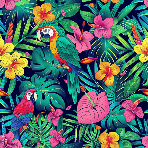 Vibrant tropical parrot and floral seamless pattern