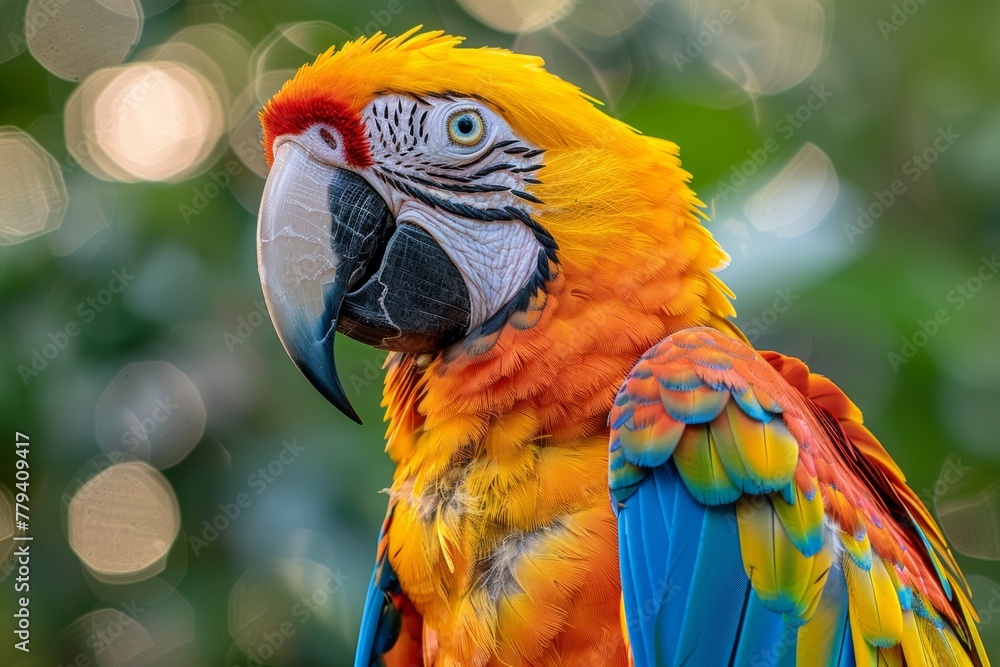 Colorful macaw perched in a tropical setting during the golden hour showcasing vibrant plumage and sharp features Colorful macaw perched in a tropical setting during the golden hour showcasing vibrant plumage and sharp features
