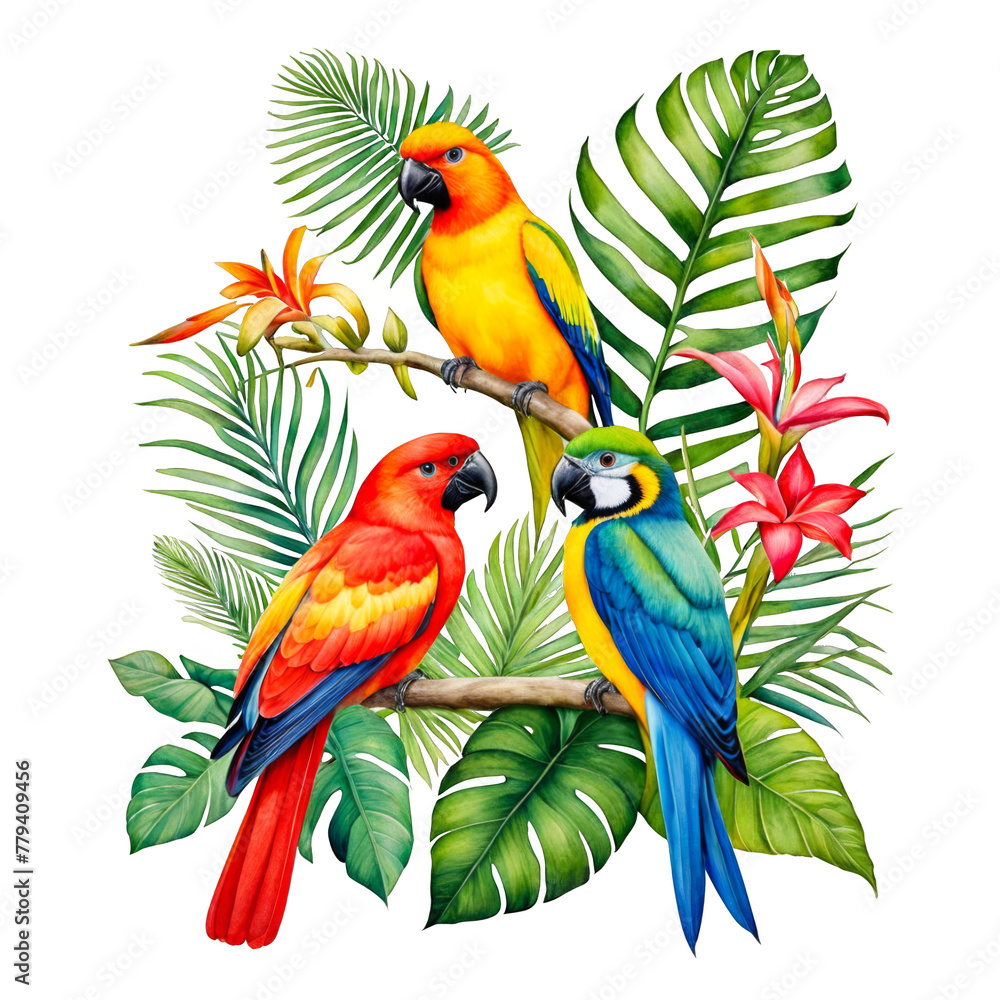 A variety of birds perched on lush green tropical tree branch, 3 birds, watercolor illustration, clipart, colorful, isolated, leaves foliage flowers