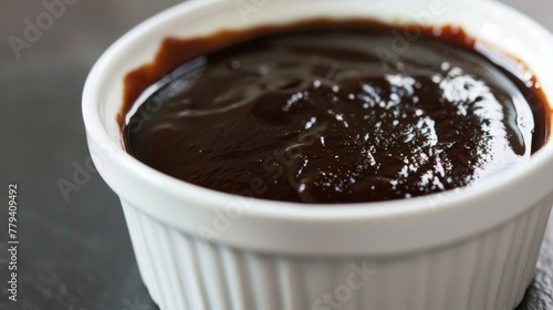 Rich chocolate sauce in a small white bowl ready for dessert topping or enhancement in a cozy kitchen setting