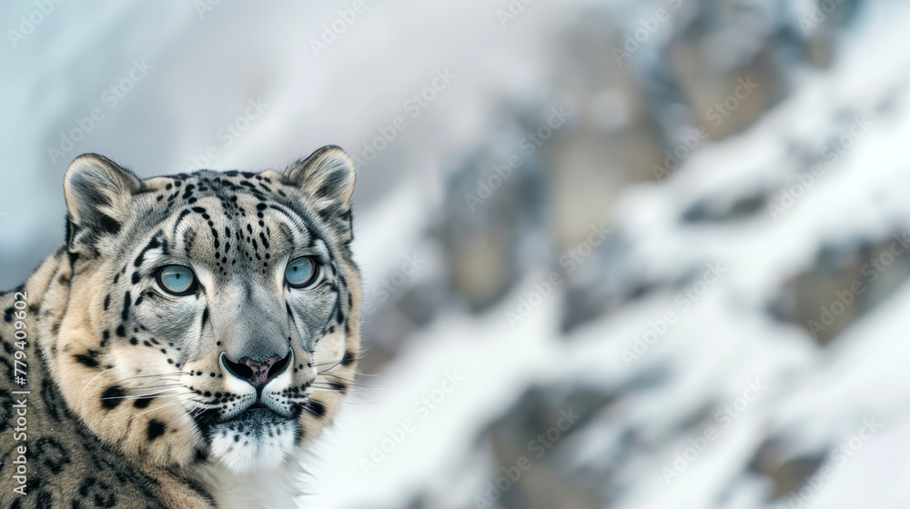 Obraz premium leopard, blue eyes and camouflaged fur, with the snowy mountain terrain softly blurred in the background. 