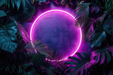 Radiant Purple Neon Circle in Lush Tropical Setting Enchanting Botanical Illumination