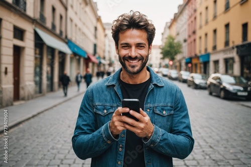 Smiling man using mobile phone standing on street