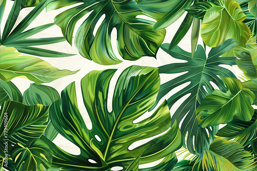 Lush green tropical leaves in a dense jungle pattern