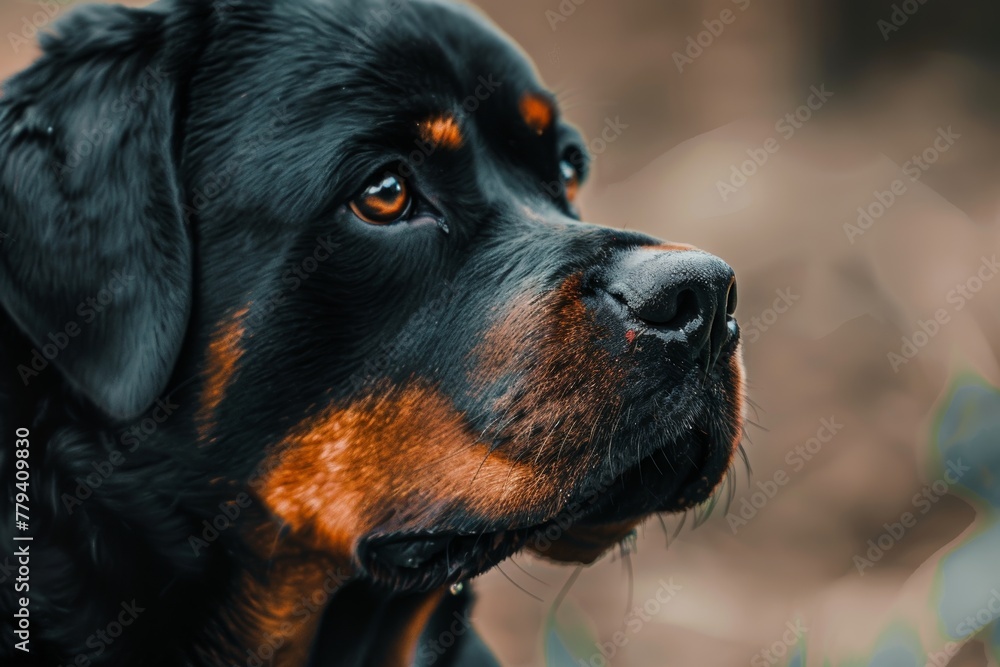 A close-up portrait of a Rottweiler's head, black and tan coat,  blurred background 