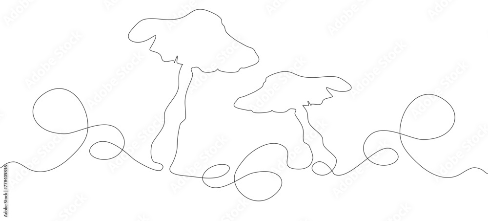 One continuous line drawing of mushrooms, Line breaking nature, forest, undergrowth, mountain in simple linear style. Vector Graphic Illustration for Canva, presentation, decoration One continuous line drawing of mushrooms, Line breaking nature, forest, undergrowth, mountain in simple linear style. Vector Graphic Illustration for Canva, presentation, decoration