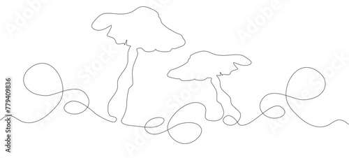 One continuous line drawing of mushrooms, Line breaking nature, forest, undergrowth, mountain in simple linear style. Vector Graphic Illustration for Canva, presentation, decoration	
