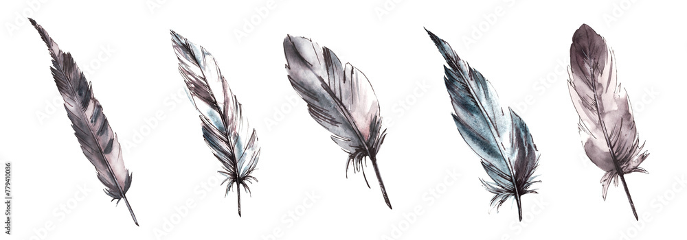 Monochrome gray, grey bird feather with ink graphic line, hand drawing watercolor clipart. Real quill, wings animal illustration. Clipart for logo design, print, sticker. Isolated black background Monochrome gray, grey bird feather with ink graphic line, hand drawing watercolor clipart. Real quill, wings animal illustration. Clipart for logo design, print, sticker. Isolated black background