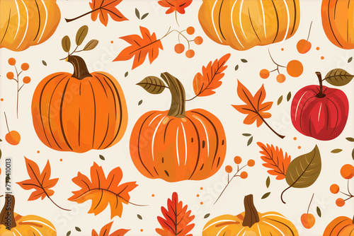 Seamless autumn pumpkins and leaves pattern