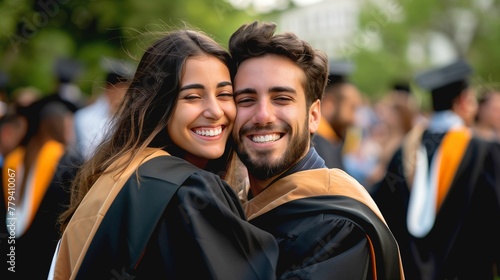 photo of graduates in black robes hugging and laughing on graduation day  photo