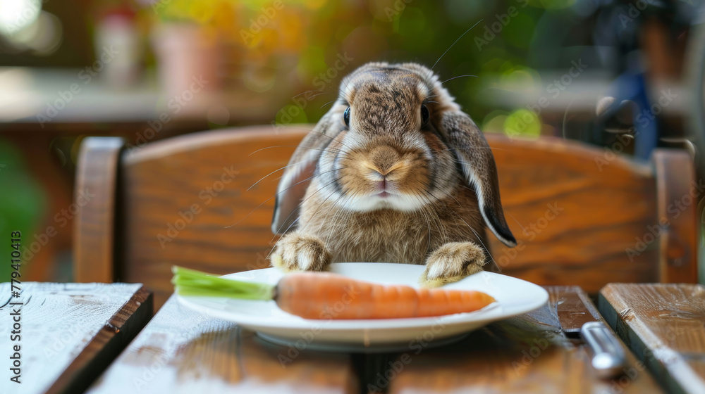 Obraz premium Cute rabbit sitting at a table with a plate of fresh carrot during sunny day in garden setting