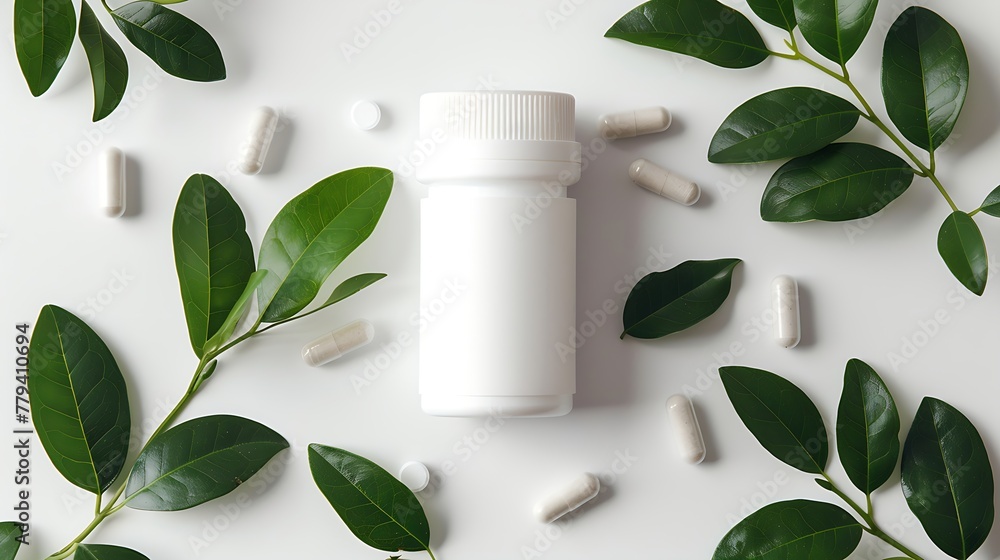 a white supplement bottle with a blank label next to green leaves on a pure white background a white supplement bottle with a blank label next to green leaves on a pure white background