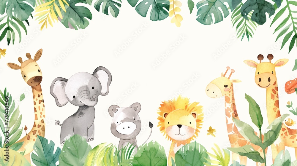 Obraz premium Charming birthday invitation adorned with delightful watercolor zoo animals set against a plain backdrop.