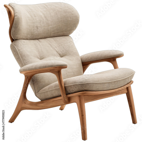 Comfy beige armchair with wooden armrests and backrest isolated on white background
